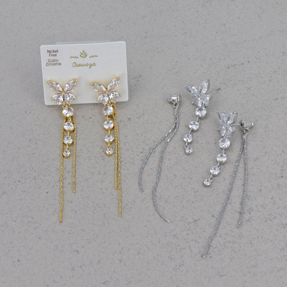 CZ Butterfly Long Drop Front Back Earrings