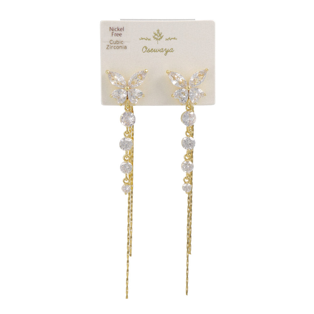 CZ Butterfly Long Drop Front Back Earrings