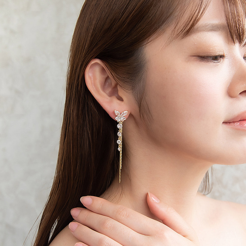 CZ Butterfly Long Drop Front Back Earrings
