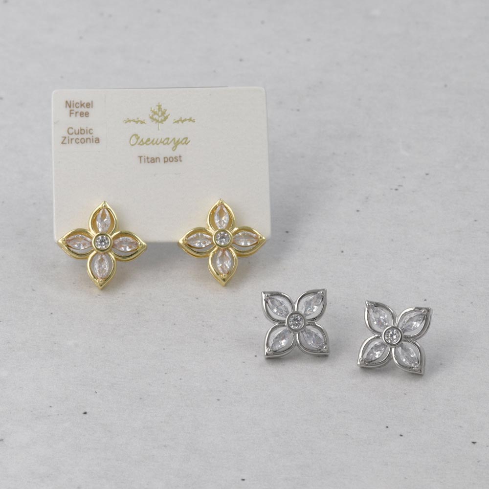 Four Petal Flower CZ Earrings