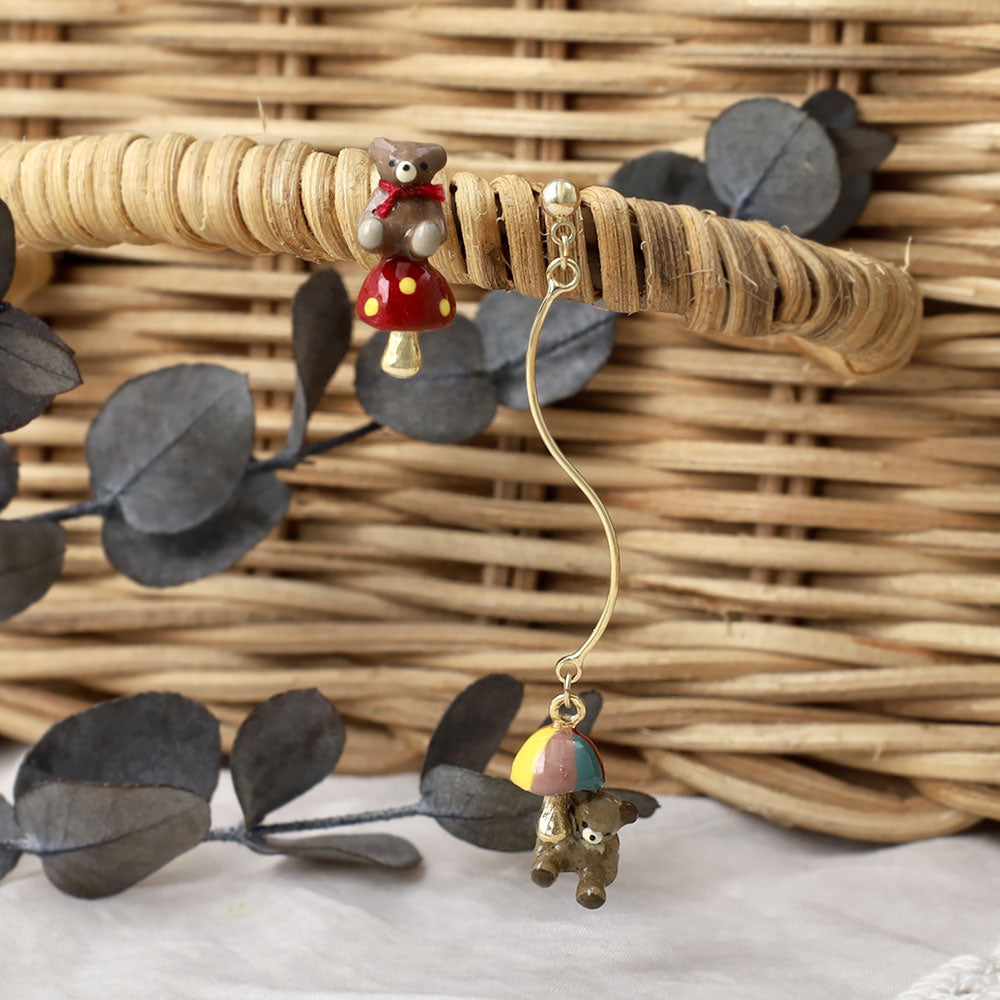 Mushroom Bear Asymmetric Earrings