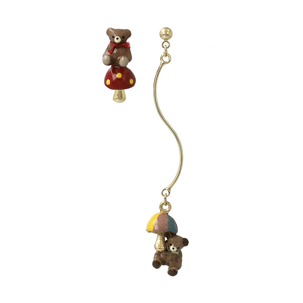 Mushroom Bear Asymmetric Earrings